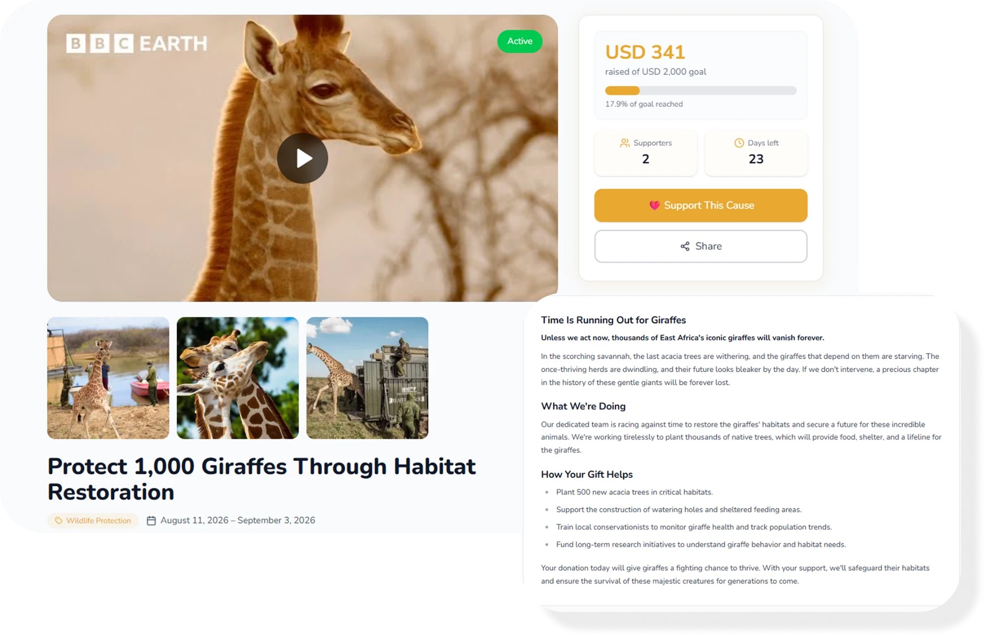A campaign page with a video, a funding goal and a supporter count
