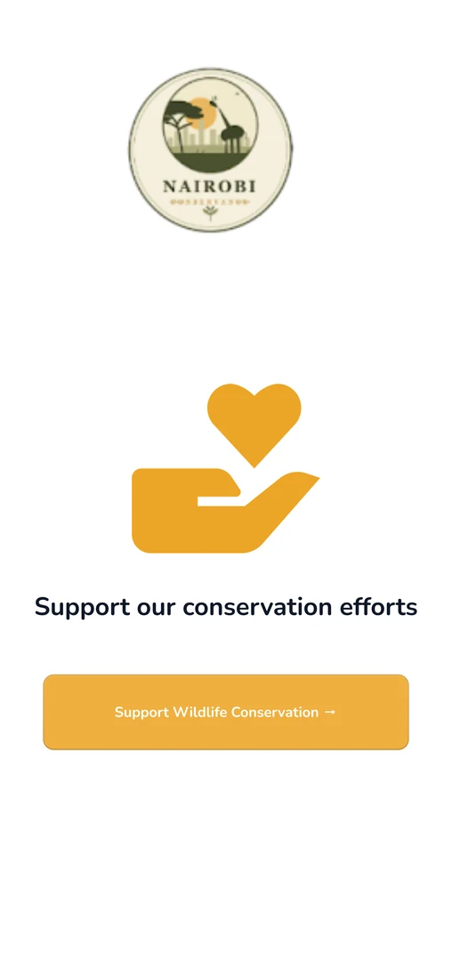Nairobi Conservancy screen inviting the guest to support its conservation efforts, with a Support Wildlife Conservation button