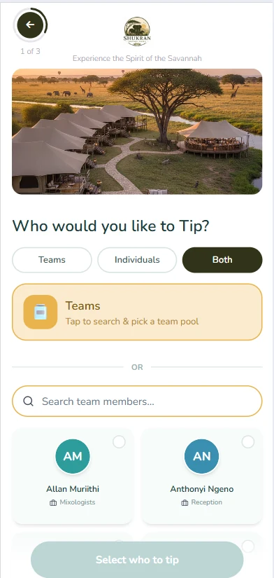 Tip page asking who the guest would like to tip: teams, individuals or both
