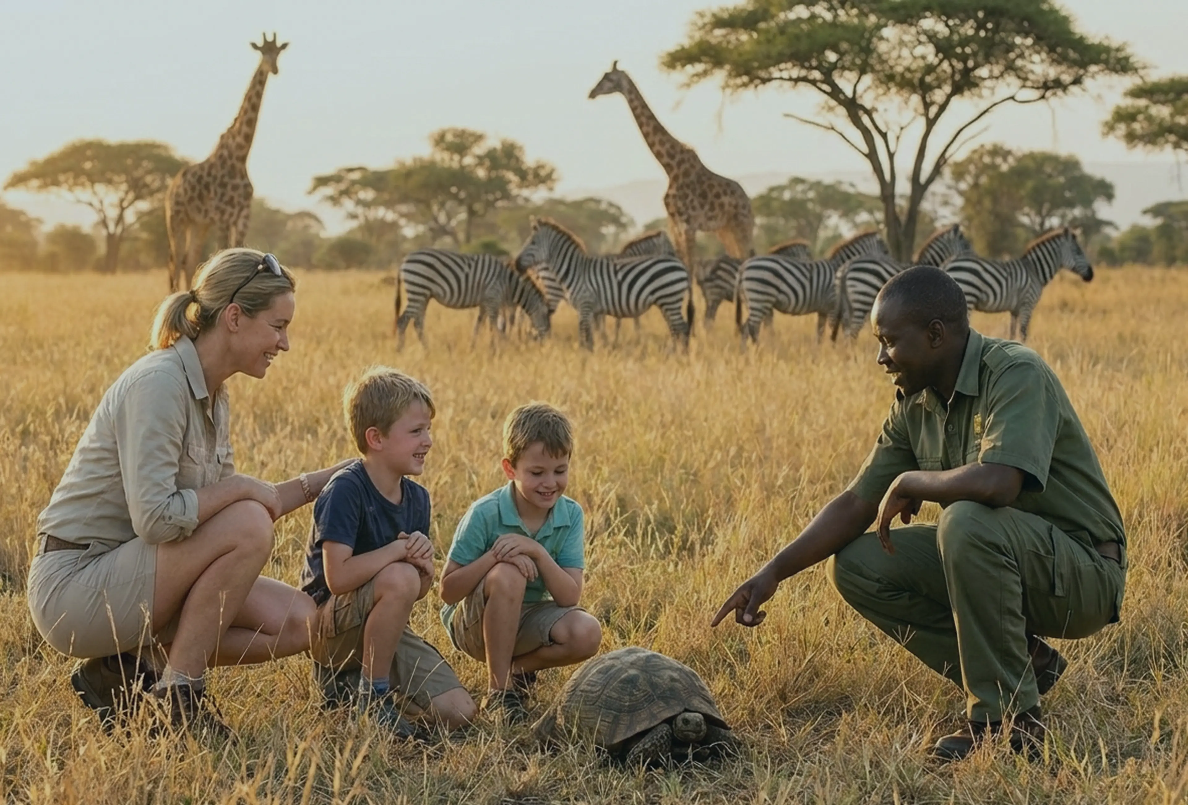 Guide with family observing wildlife
