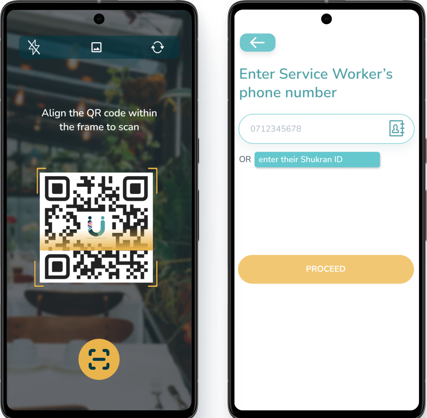 QR Code scanning and number entry screens