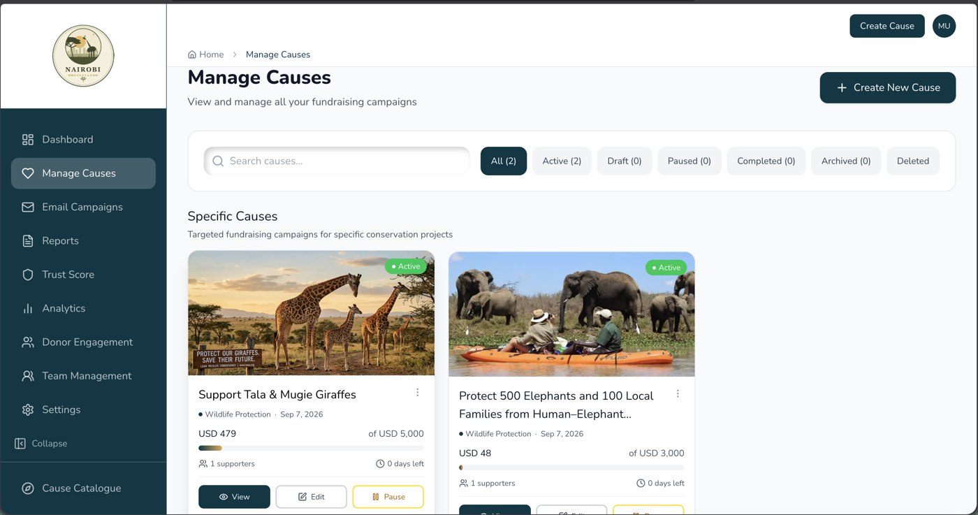 Shukran Manage Causes dashboard showing active fundraising campaigns with progress toward their goals