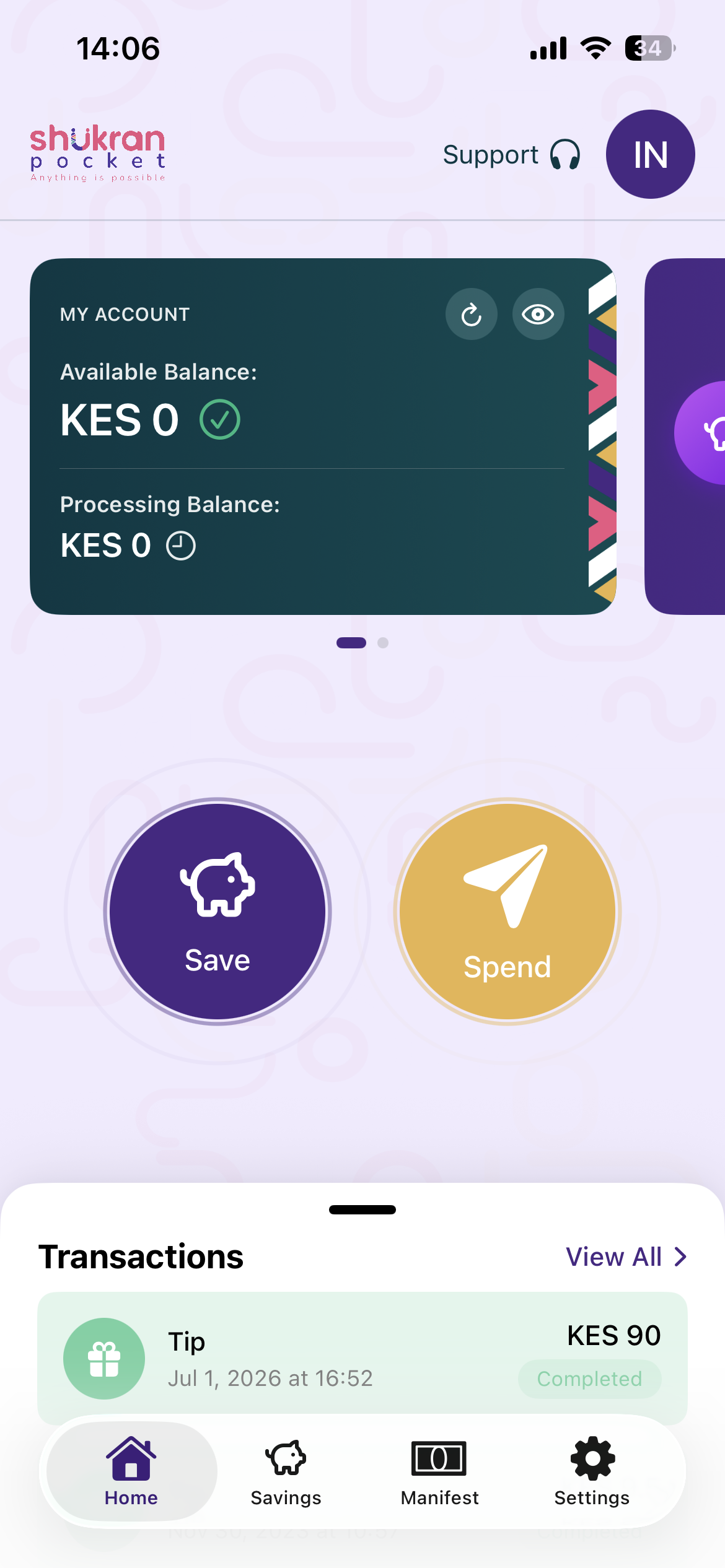 Shukran Pocket home screen with available balance, Save and Spend actions