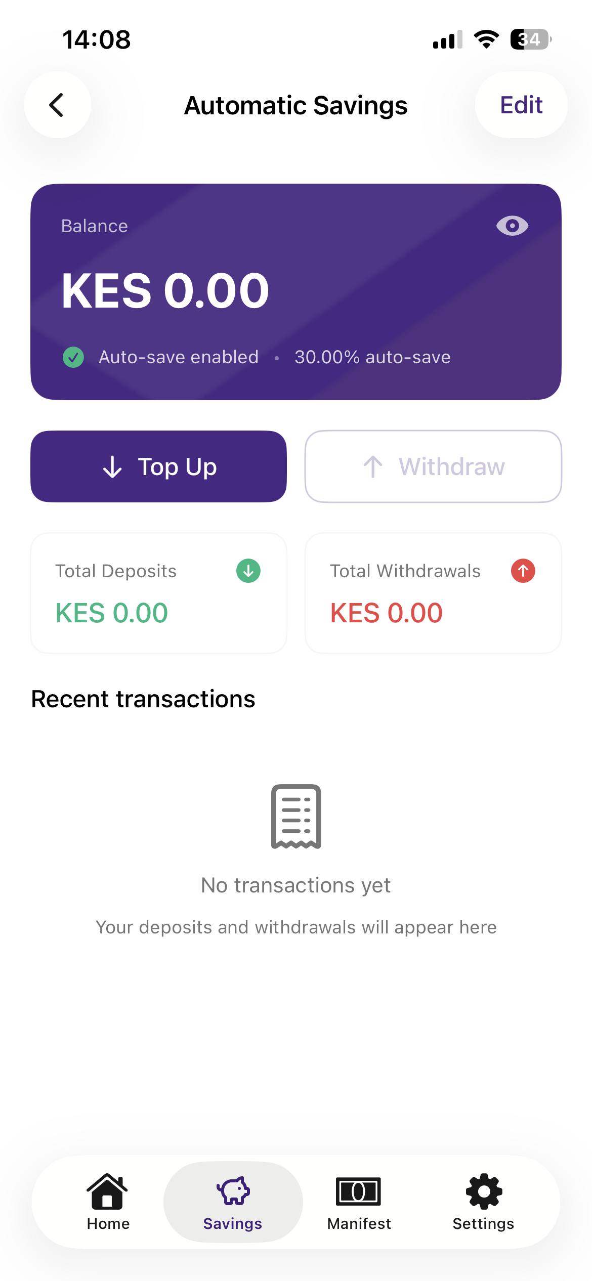 Shukran Pocket automatic savings detail screen with balance, top up and withdraw