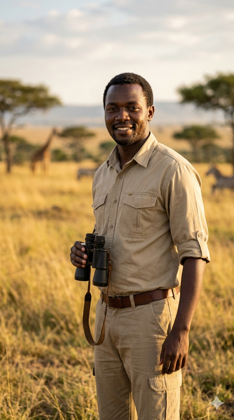Smiling tour guide with binoculars on the savanna